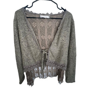 Areve Green Knit Cardigan With Floral Lace Trim And Tie Front